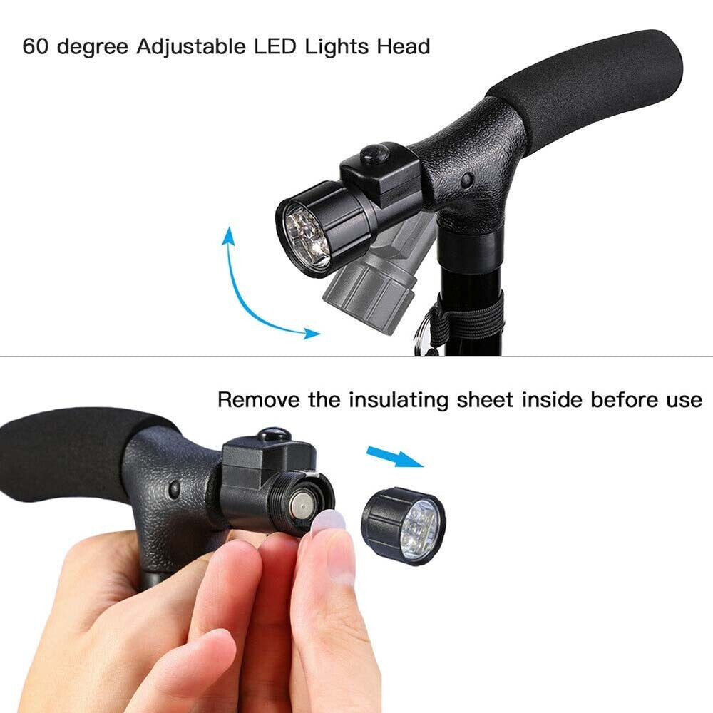 Adjustable LED light head for a walking stick with instructions on usage.