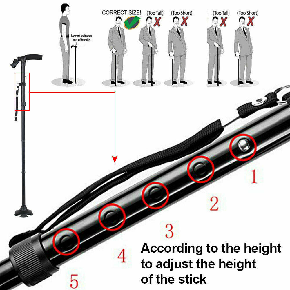 Adjustable walking stick with measurement guide for correct size.