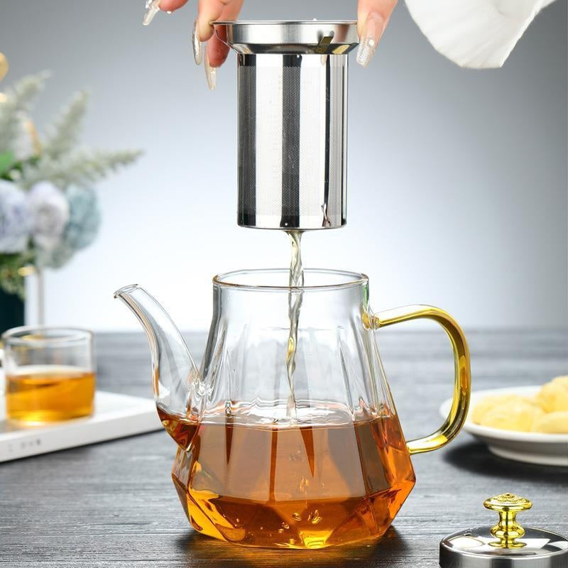 NNEDSZ Elegant Glass Teapot with Gold Handle and Stainless Steel Infuser - 600ml Capacity-1