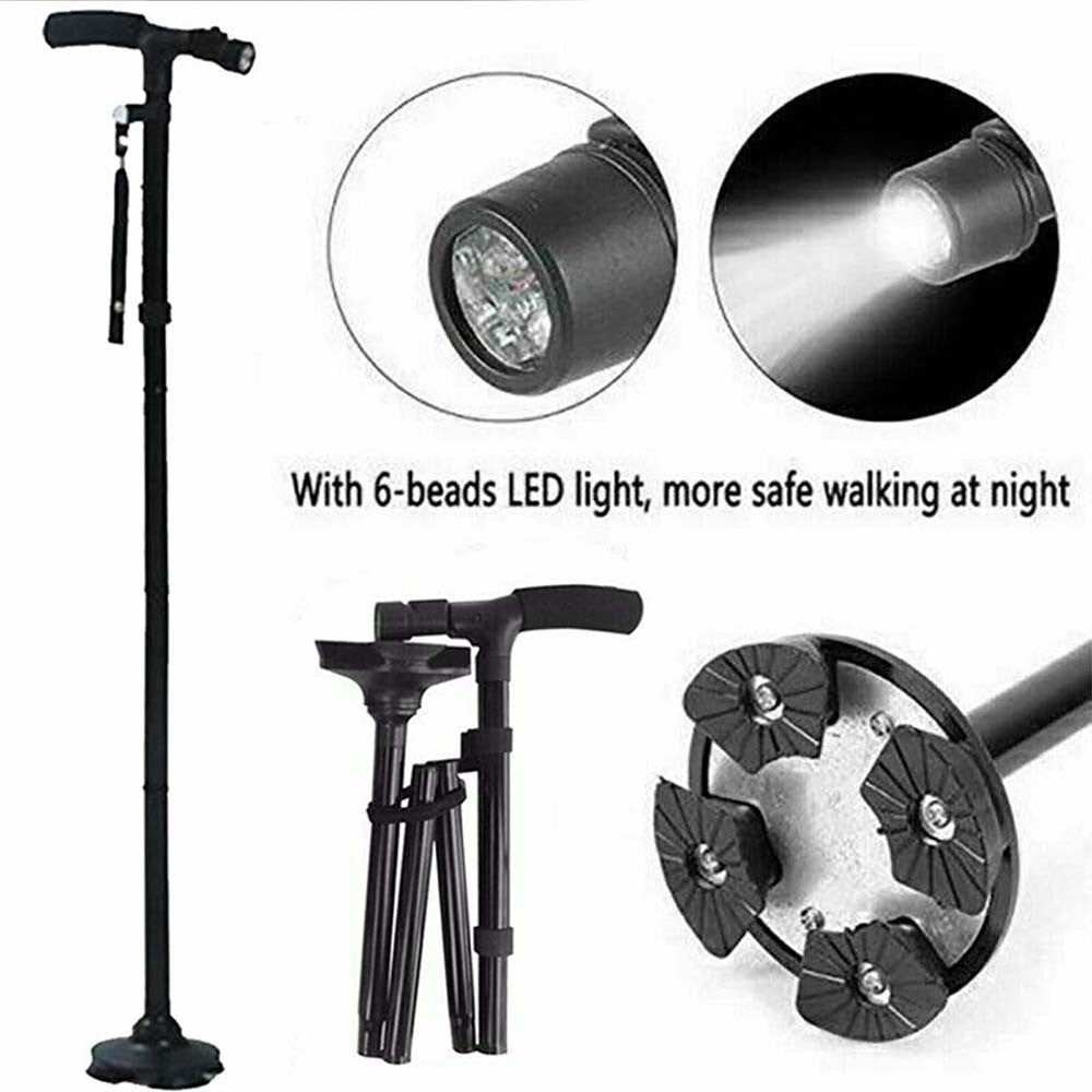 Black adjustable walking cane with LED light feature.