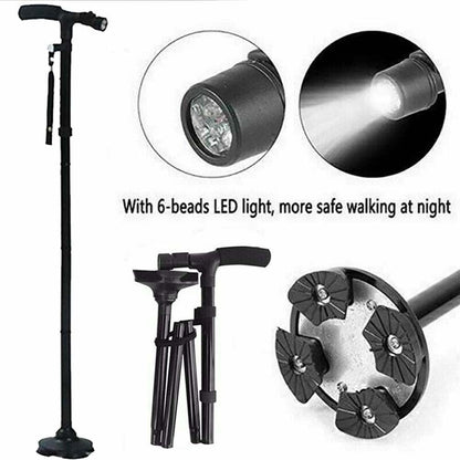 Black adjustable walking cane with LED light feature.