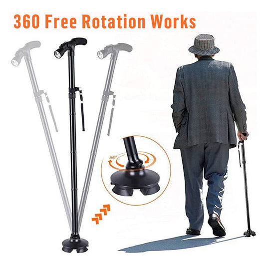 Walking cane with 360-degree rotation feature and a person using it.