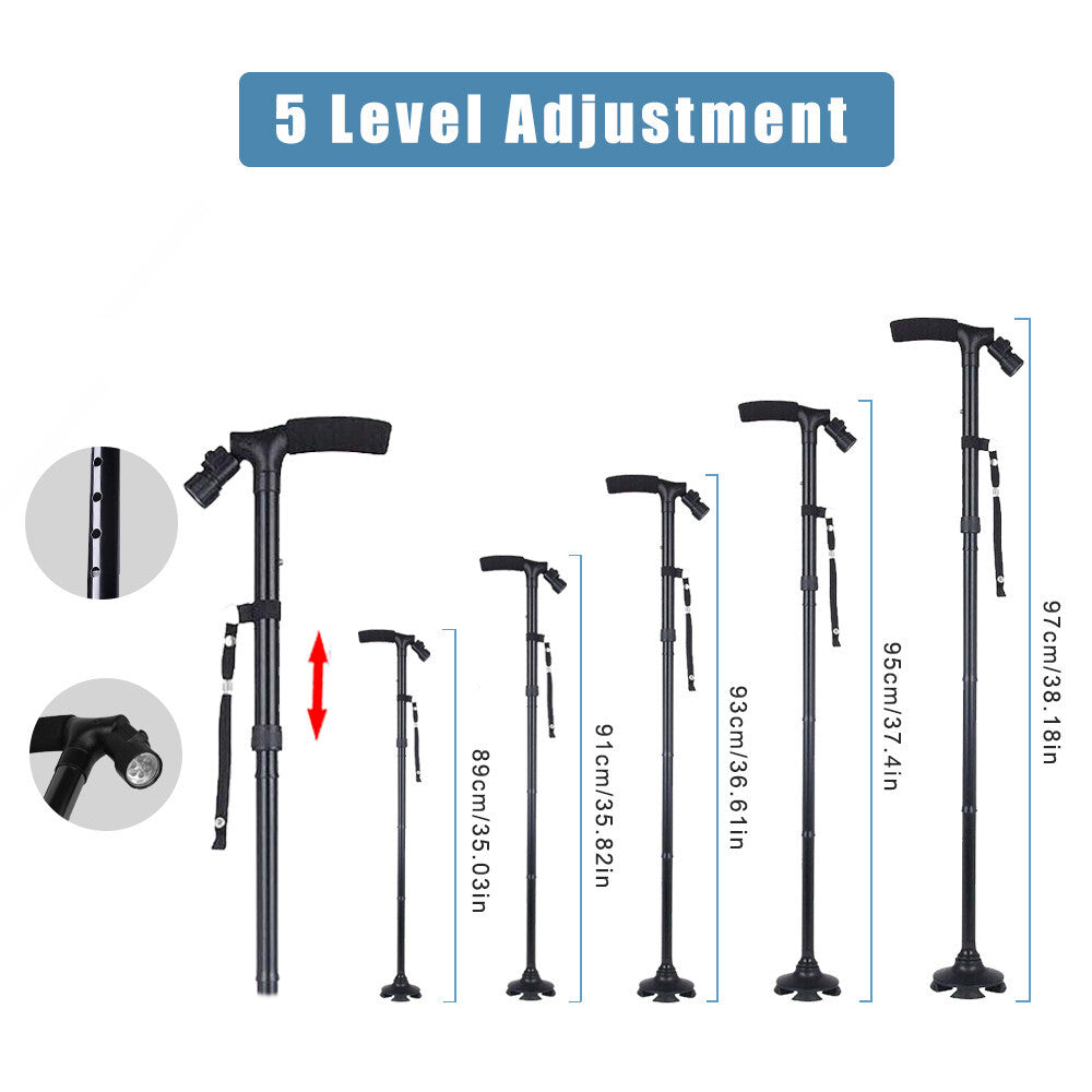 Set of adjustable walking sticks with level adjustment feature and measurements .