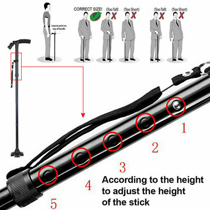 Adjustable walking stick with measurement guide for correct size.