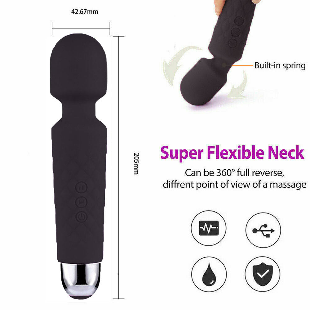 Black massage tool with measurements and features 