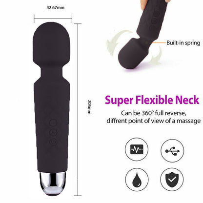 Black massage tool with measurements and features 