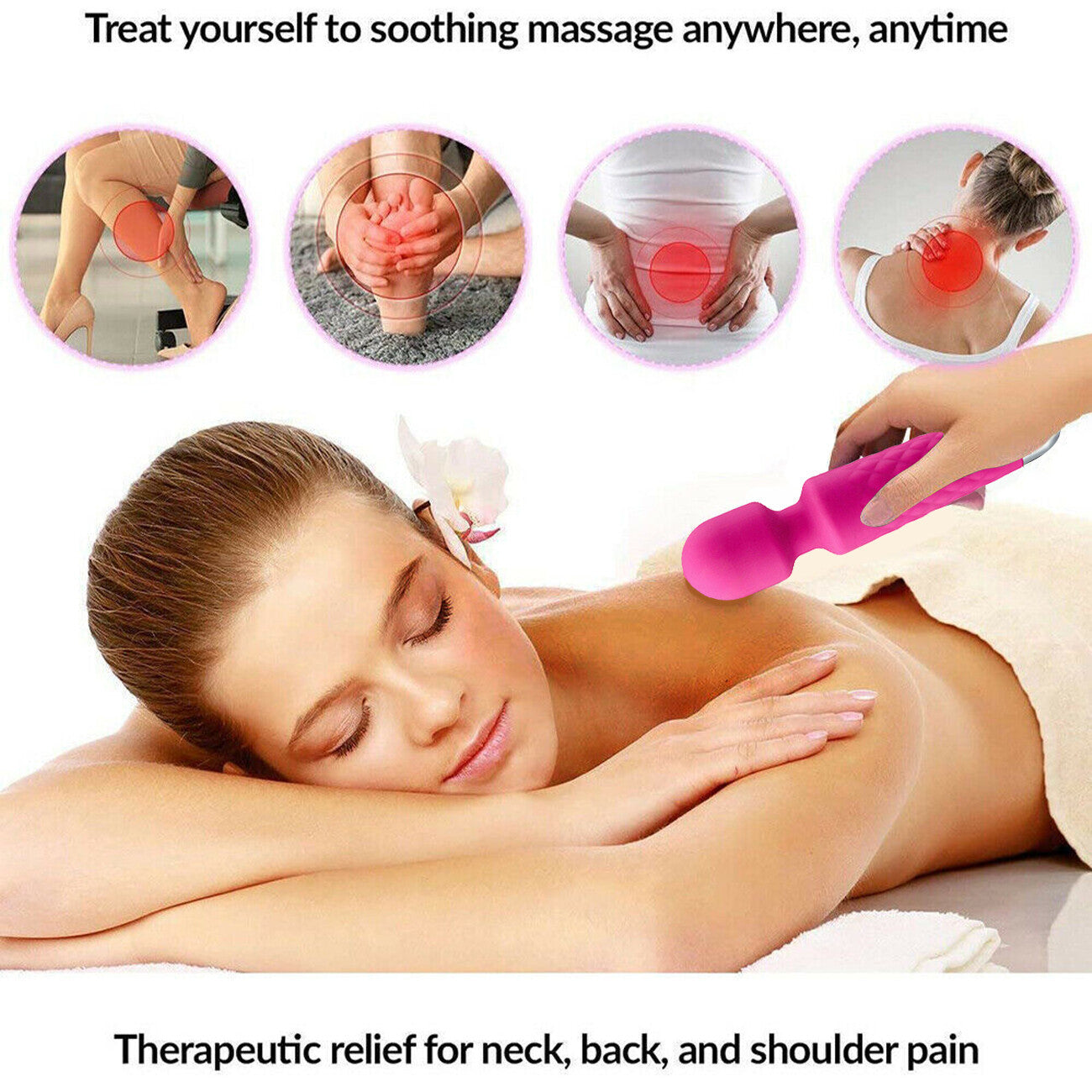 Woman receiving a massage with a handheld massager, text about therapeutic relief for various pain points.