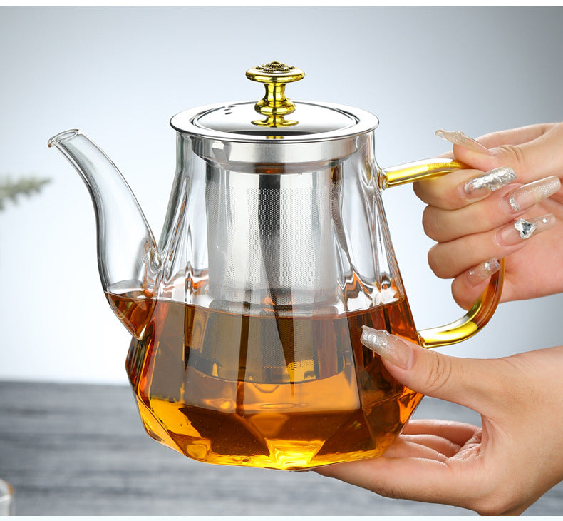 NNEDSZ Elegant Glass Teapot with Gold Handle and Stainless Steel Infuser - 600ml Capacity-4