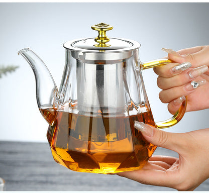 NNEDSZ Elegant Glass Teapot with Gold Handle and Stainless Steel Infuser - 600ml Capacity-4