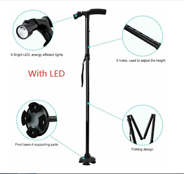 Black adjustable walking cane with LED lights .