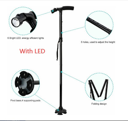 Black adjustable walking cane with LED lights .