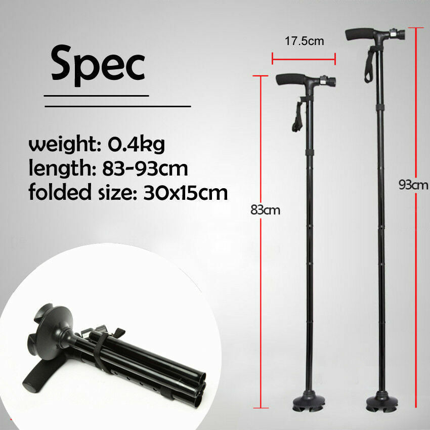 Black adjustable walking stick with specifications .