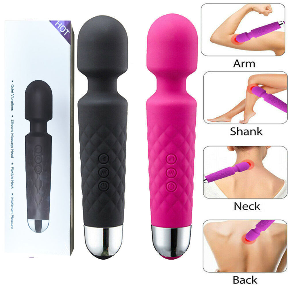 Black and pink handheld massagers with packaging and usage examples .