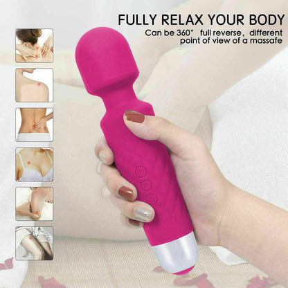 Pink handheld massager being held by a hand with text about its features.